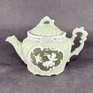 Vintage Schafer & Vater Porcelain Green Bisque Teapot Cherub Jasperware Germany